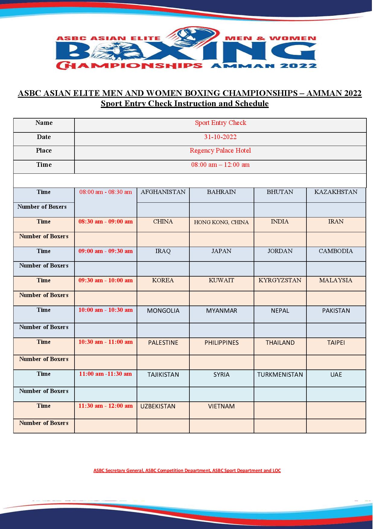 The schedule of the Sport Entries Check in Amman confirmed on October